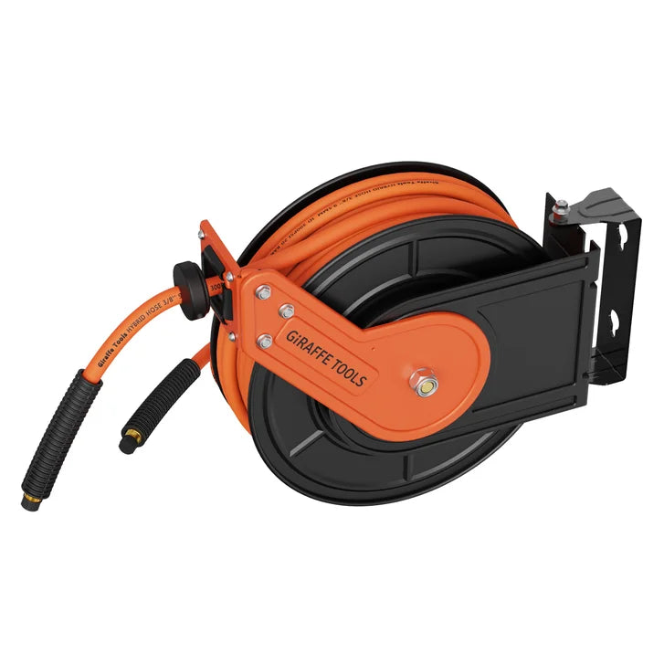Giraffe Tools Retractable Air Hose Reel with Swivel Bracket and 3/8" x 50 ft (15.24 m) 300 PSI Hybrid Hose