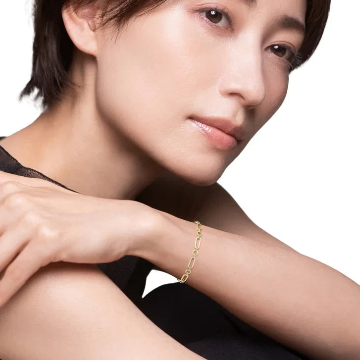 High Polish Alternating Circle and Paperclip Link Bracelet in Two-Tone Gold